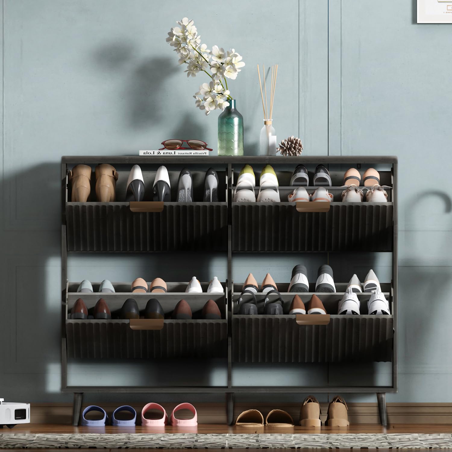 Shoe Rack Cabinet Narrow Entryway - 신발 수납장, 4개의 접이식 서랍이 있는