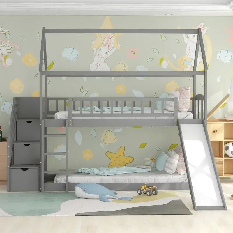 튼튼한 원목 소재의 어린이용 2층 침대, 미끄럼틀과 계 - Bunk Bed With Stairs And Slide 리뷰 및 가격