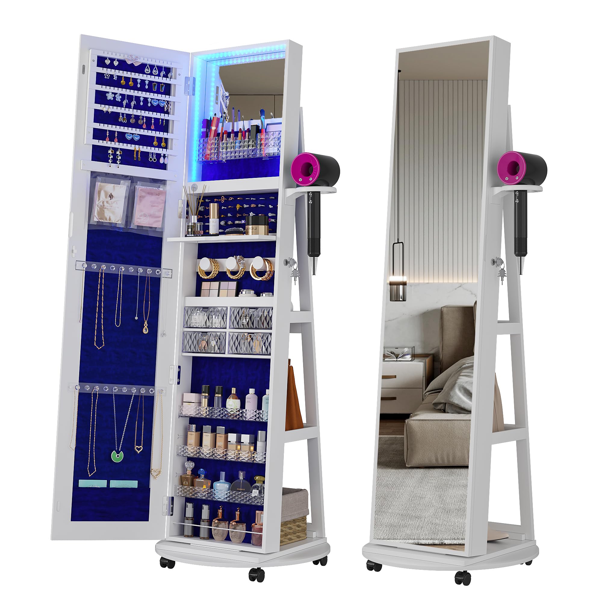 360 °   회전식 거울이 달린 보석장, LED 조명 - Full Length Mirror Jewelry Armoire 리뷰 및 가격