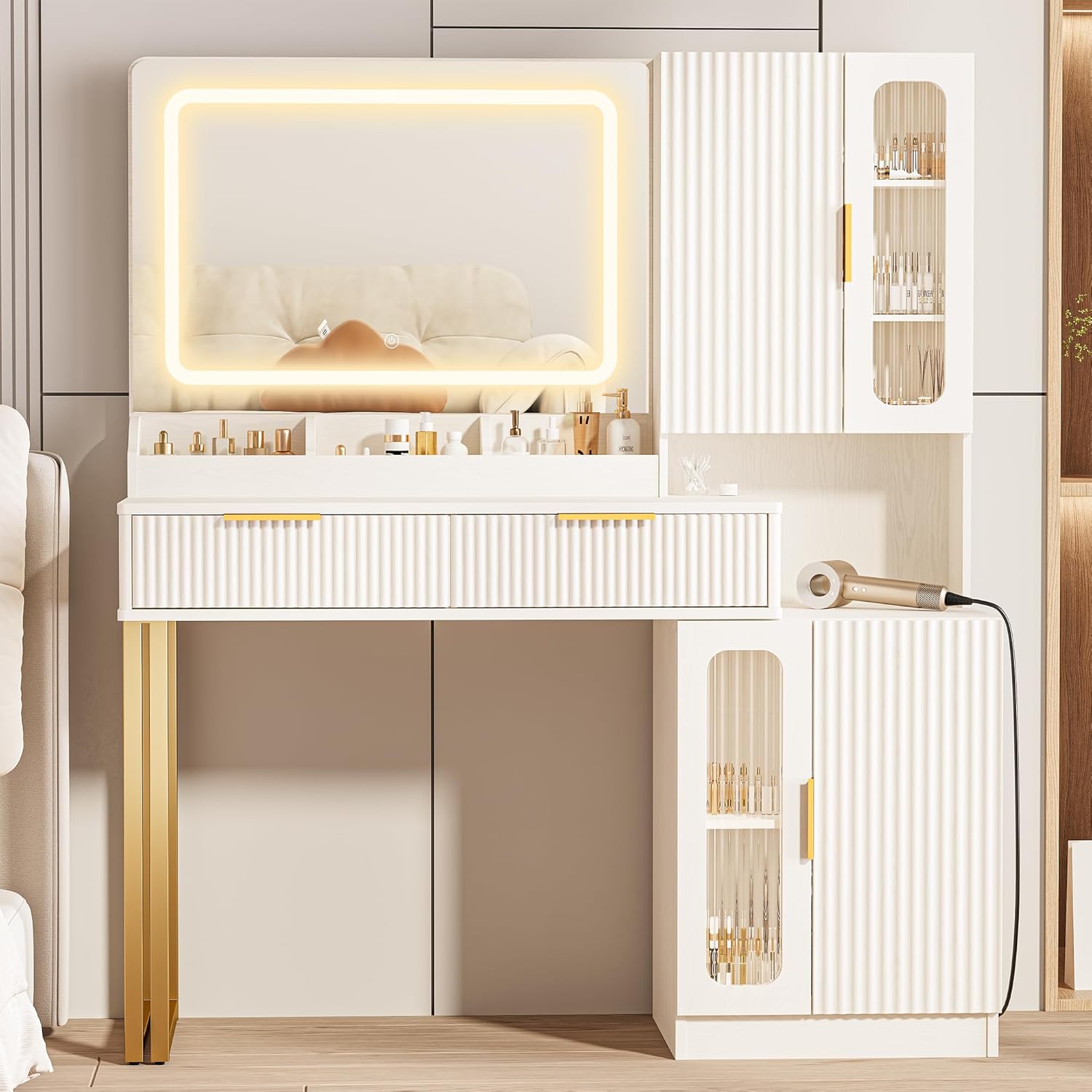 42인치 화장대 거울 조명, 5개 선반 2개 서랍장,  - Dressing Table Vanity With Lighted Mirror 리뷰 및 가격