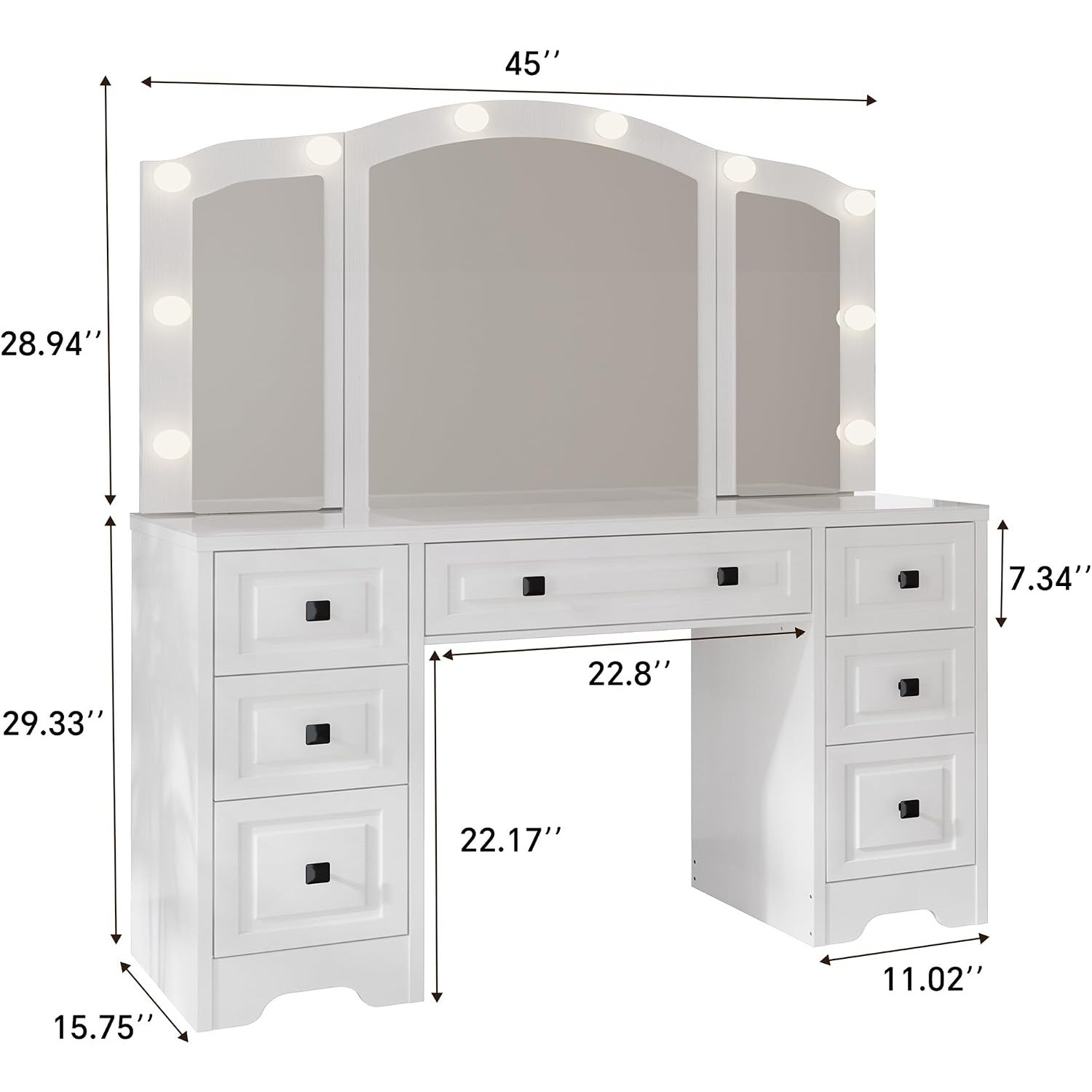 조명이 있는 화장대, 3단 거울, 5개 서랍, 콘센트  - Dressing Table Vanity With Lighted Mirror 리뷰 및 가격