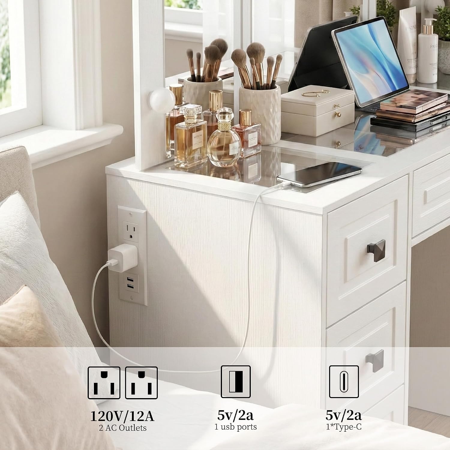 조명이 있는 화장대, 3단 거울, 5개 서랍, 콘센트  - Dressing Table Vanity With Lighted Mirror 리뷰 및 가격