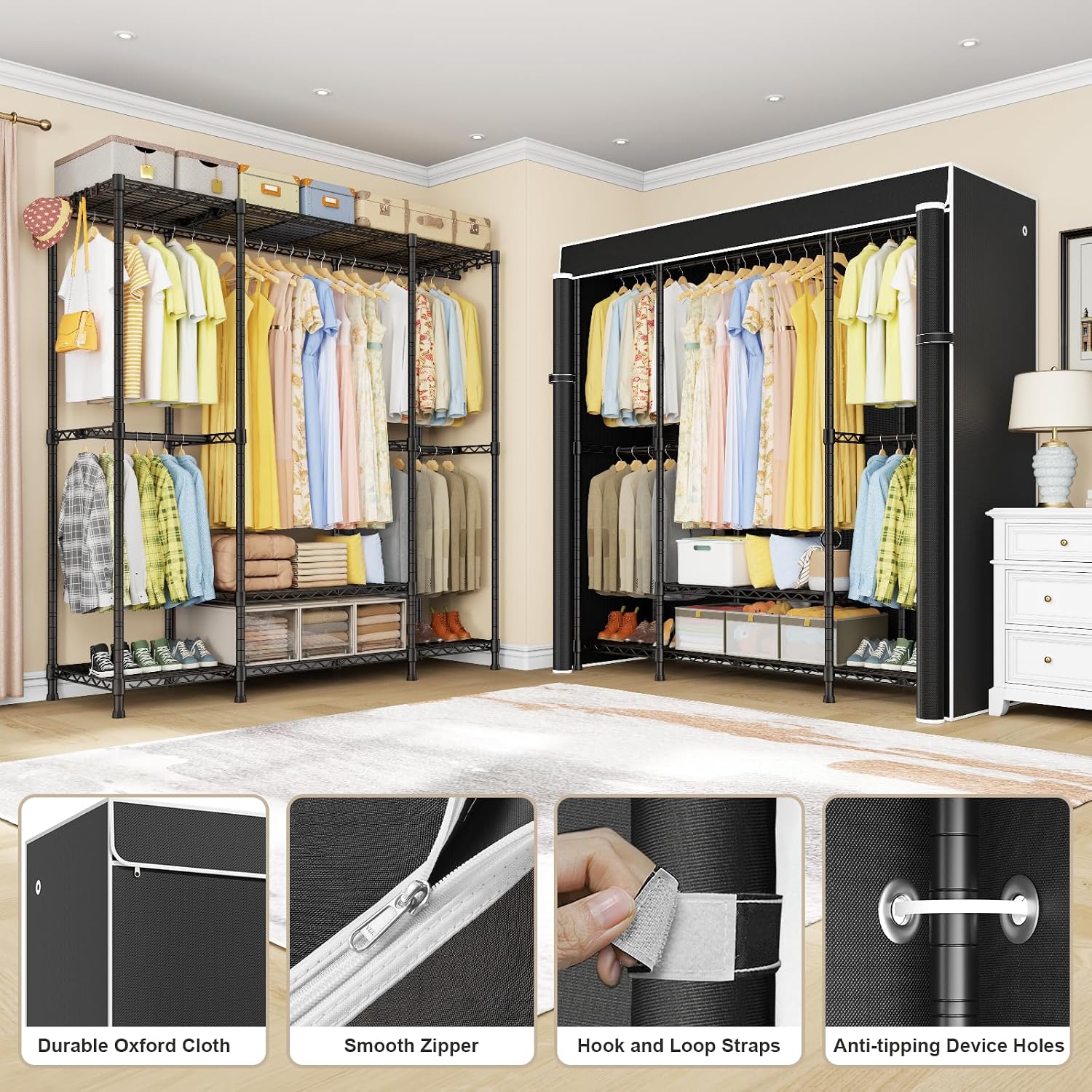 E3C 휴대용 고급 옷장, 검은색 패브릭 커버 포함 - Wardrobe Closet Portable Fabric Cover 리뷰 및 가격