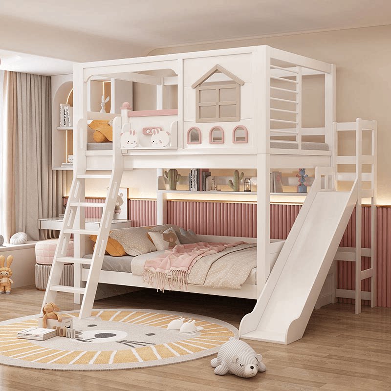 현대적인 핑크색 원목 어린이 이층 침대, 슬라이드 계단 - Bunk Bed With Stairs And Slide 리뷰 및 가격